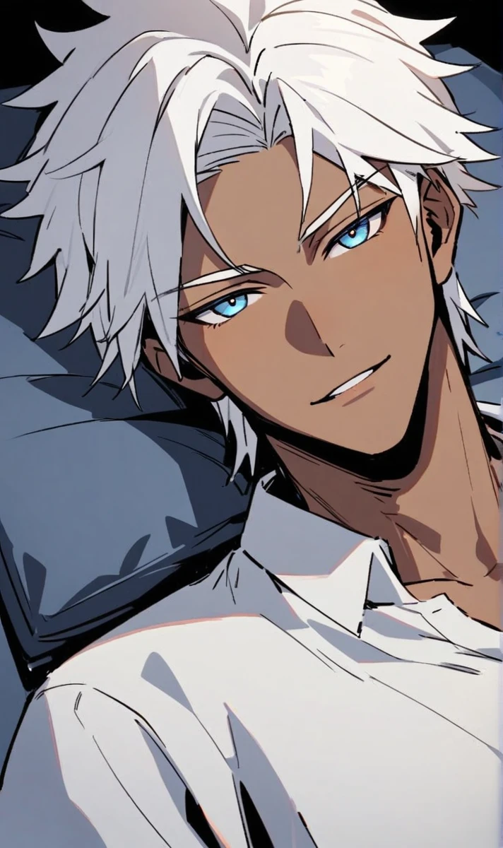 Character masculine From The king of figthers, k Dash Lying on a futon with a soft smile on your lips in a night mood , white hair, grayish blue eyes, dark skin, corpo musculoso tonificado