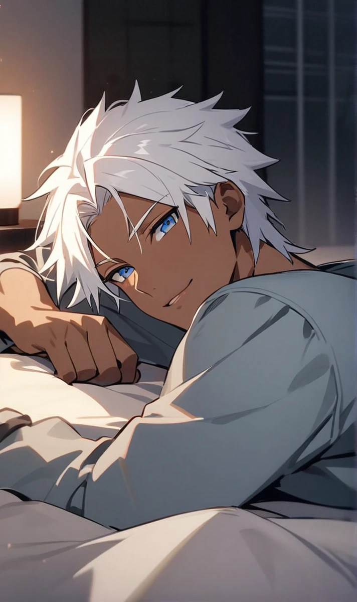 Character masculine From The king of figthers, k Dash Lying on a futon with a soft smile on your lips in a night mood , white hair, grayish blue eyes, dark skin, corpo musculoso tonificado