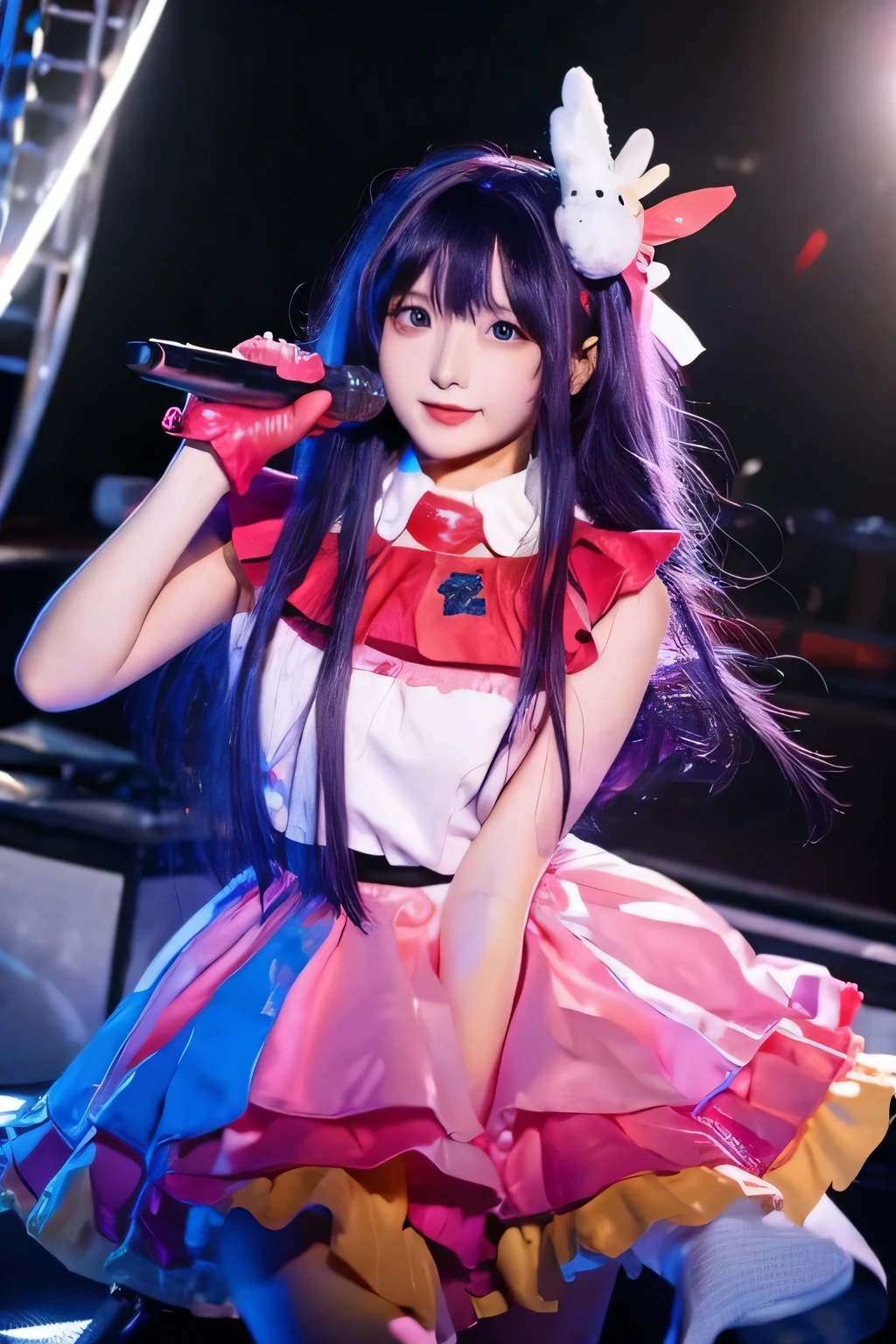 1girl, ai hoshino, oshi no ko, happy smile, open mouth, star purple eyes, one eye closed, long purple hair, simple attribute pink and black, wear gloves while carrying the mic, beautiful, realistis, ultra detail,