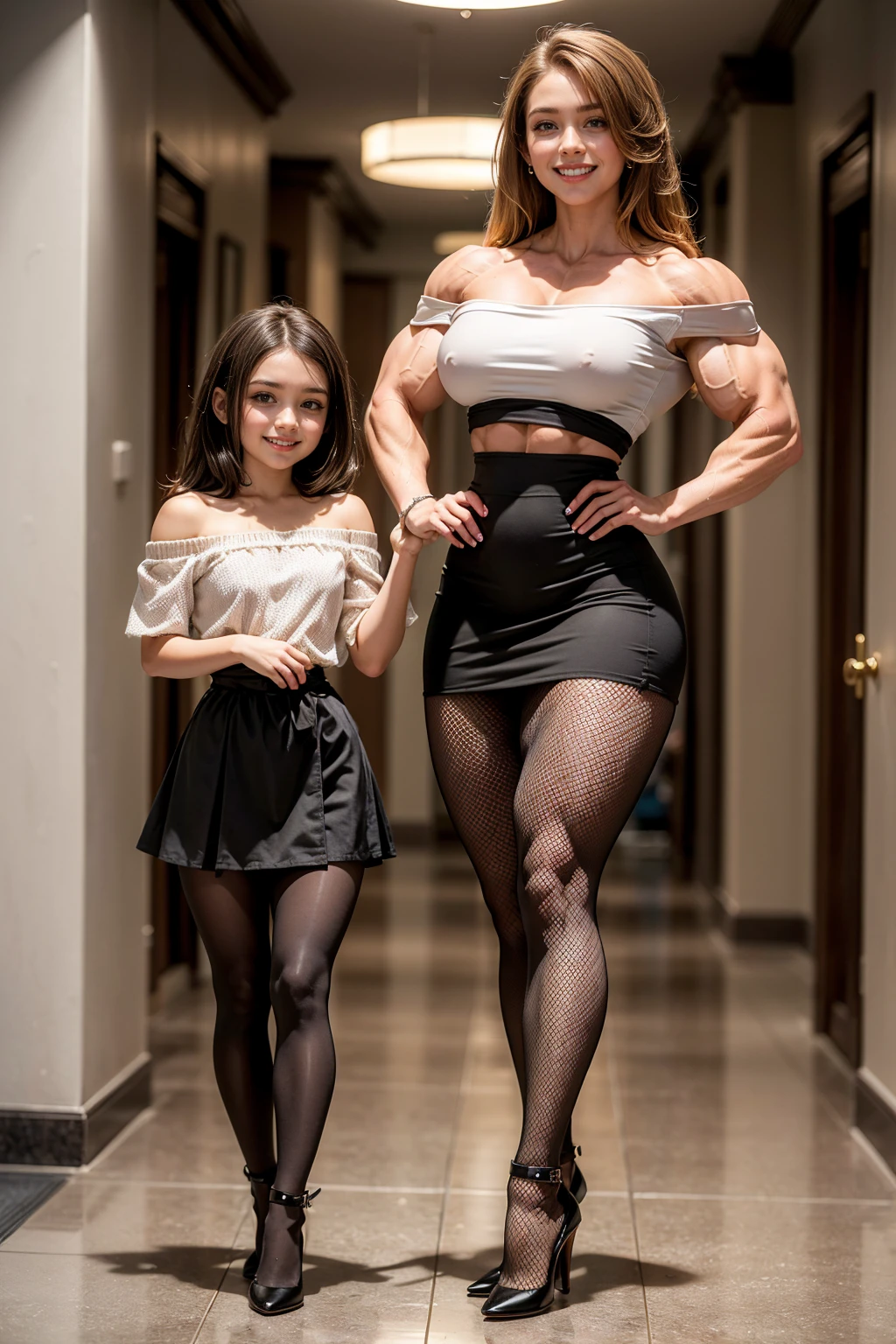 (Muscular:1.7), (large round breasts:1.4), (large muscular chest and shoulders:1.1), (ten girl:2.1), FEMALE, brown hair, long brown hair, (big smile:1.6), (wearing a tight off-the-shoulder blouse and miniskirt worn over fishnet leggings and high heels:1.5), looking at viewer, (three quarter view:1.2), upper body view, (hallway:1.6), dark lighting, detailed skin, detailed eyes, (clean skin:1.5), (tiny waist:1.5), exaggerated hourglass physique, (huge body muscles:1.6), (one protagonist:1.5), (tall:1.7),