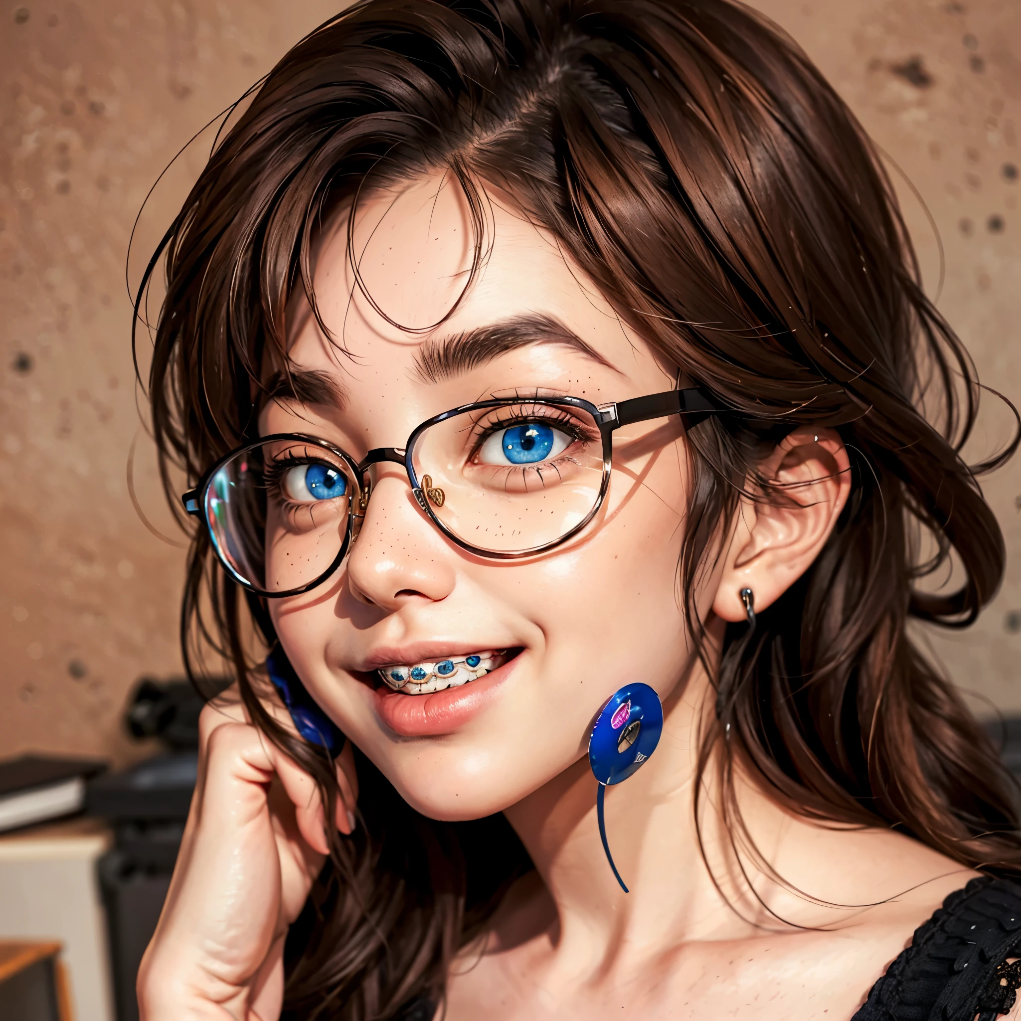 1girl, seductive eyes, braces, glasses, smiling, cute, face focus, blue eyes, blush, brown hair, best quality, masterpiece, highres