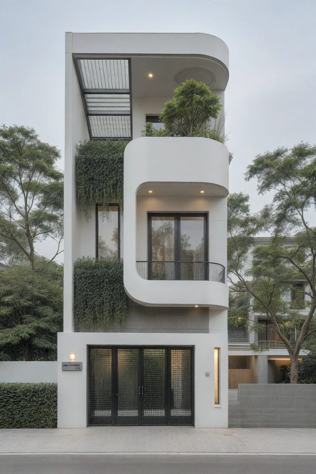 RAW photo, a photo of a modern house, (curvilinear archrchitecture:1.4), Wabisabi style rounded wall, white wall, steel black gate, sidewalk, sidewalk trees, ((grey gate:1.2)), road, viet nam modern residence, ((architectural shot)), rough white wall, new residential area, wide angle exterior 2022, contemporary house, exterior photography, masterpiece, contemporary architecture, overcast, indirect lighting