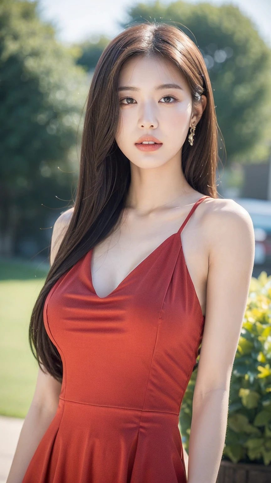 ((best quality, 8K, masterpiece:1.3)),1 woman,18 years old,Asian,real texture:1.3,(blur background:1.3),gorgeous long dress,tall and slender figure:1.2,(hot summer weather),(distance:1.3),Highly detailed face and skin textures,exquisite eyes,long eyelashes,double eyelid,skin whitening,happy,big bust