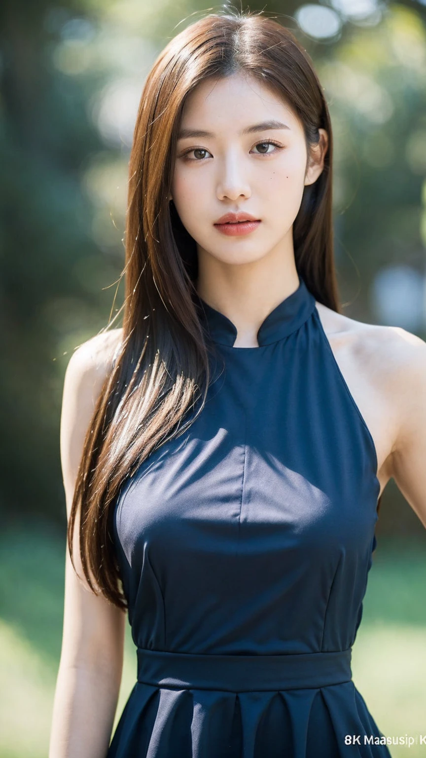 ((best quality, 8K, masterpiece:1.3)),1 woman,18 years old,Asian,real texture:1.3,(blur background:1.3),gorgeous long dress,tall and slender figure:1.2,(hot summer weather),(distance:1.3),Highly detailed face and skin textures,exquisite eyes,long eyelashes,double eyelid,skin whitening,happy,big bust