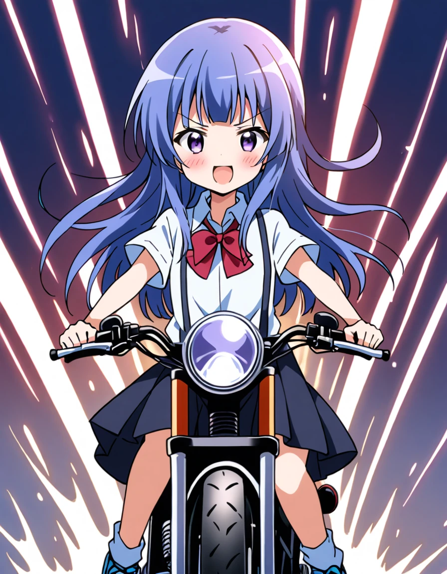 score_9, score_8_up, score_7_up, score_6_up, source_anime,,,,1girl, solo, furude rika, (tween:1), kawaii, blue hair, purple eyes, long hair, blunt bangs, bangs, bow, skirt, shirt, suspenders, smile, short sleeves, pleated skirt, white shirt, open mouth, red bow, ^_^, suspender skirt, , black skirt, collared shirt, blush, bowtie, blunt bangs, dress shirtt, (crossed eyes), .serious,(a girl riding a motorcycle at full speed:1.3),(),),,,、Dutchangle