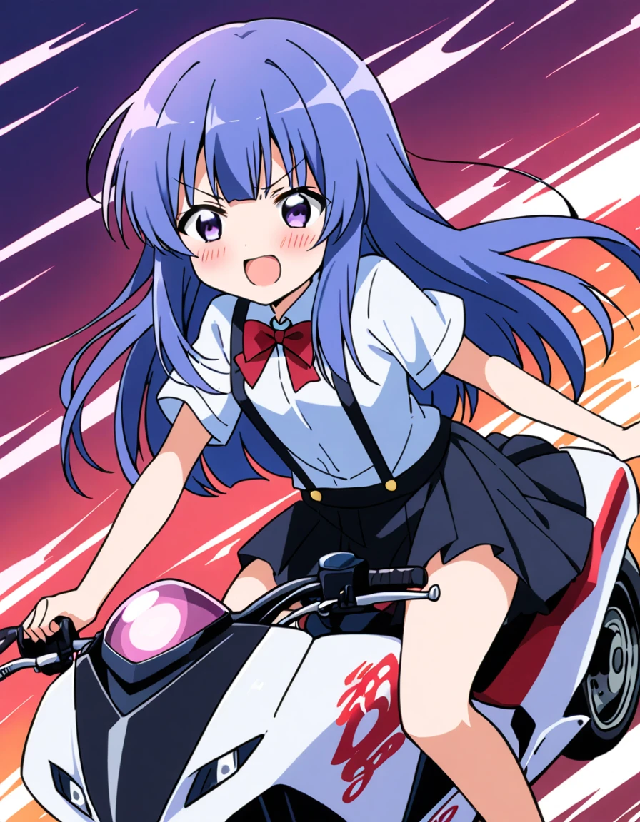 score_9, score_8_up, score_7_up, score_6_up, source_anime,,,,1girl, solo, furude rika, (tween:1), kawaii, blue hair, purple eyes, long hair, blunt bangs, bangs, bow, skirt, shirt, suspenders, smile, short sleeves, pleated skirt, white shirt, open mouth, red bow, ^_^, suspender skirt, , black skirt, collared shirt, blush, bowtie, blunt bangs, dress shirtt, (crossed eyes), .serious,(a girl riding a motorcycle at full speed:1.3),(),),,,、Dutchangle