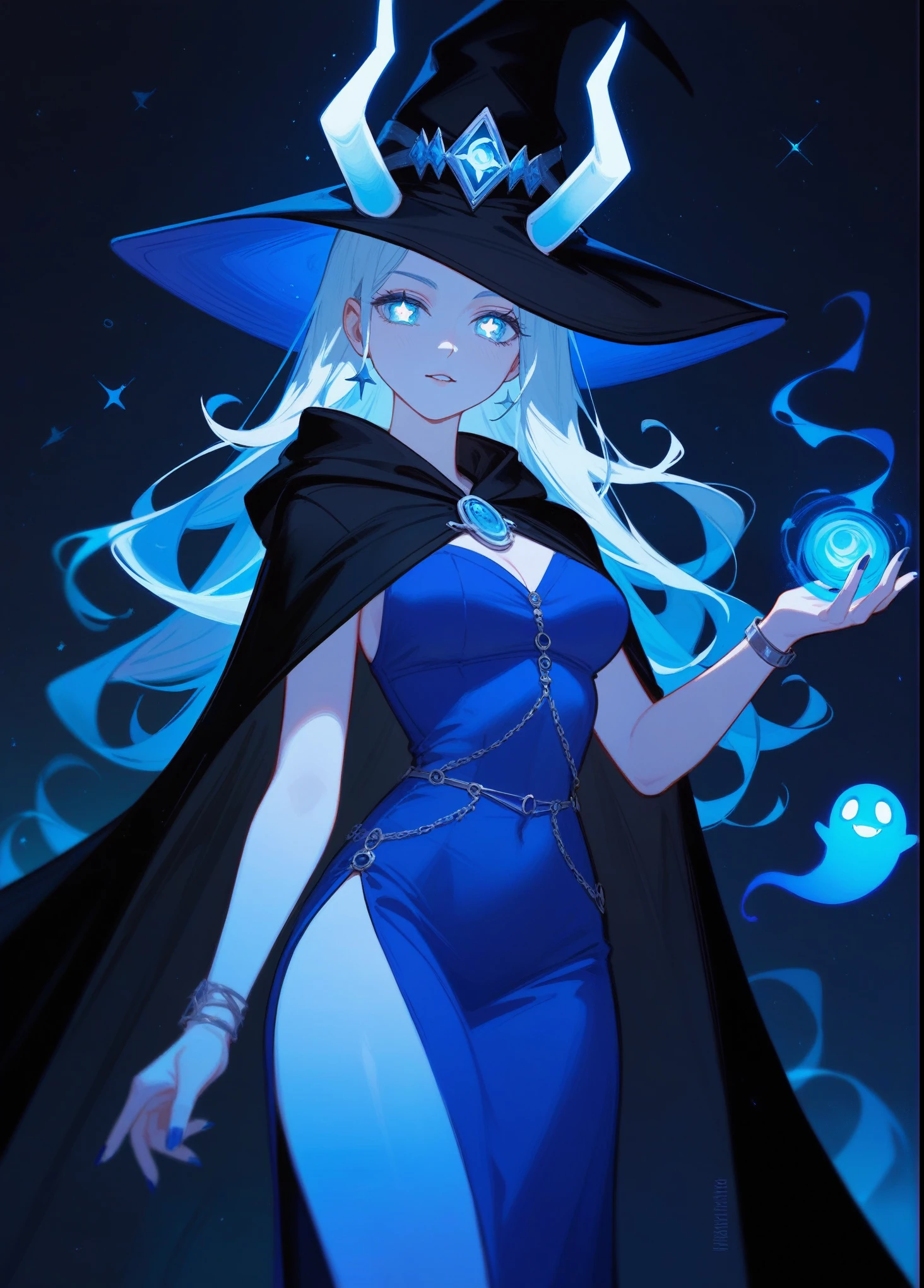 (Fraction_9,Fraction_8_Direction_7_up),1 Woman,White pupil，Blue Ghost, soul，Ghost，White horns，demon woman,beauty的_Face,beauty,Wearing blue Greek clothing，Surrounded by souls，Wearing a black hat、Draped in a black cloak、Witch in blue dress, Dark Witch Character, mechanized witch女孩, Mysterious art style, witch女孩, Flirty anime witch casting magic, Bright witch, Fashion Dark Witch, wizard magic witch, Epic Mage Girl Character, evil witch witch, Star witch clothes, witch, pretty witch 