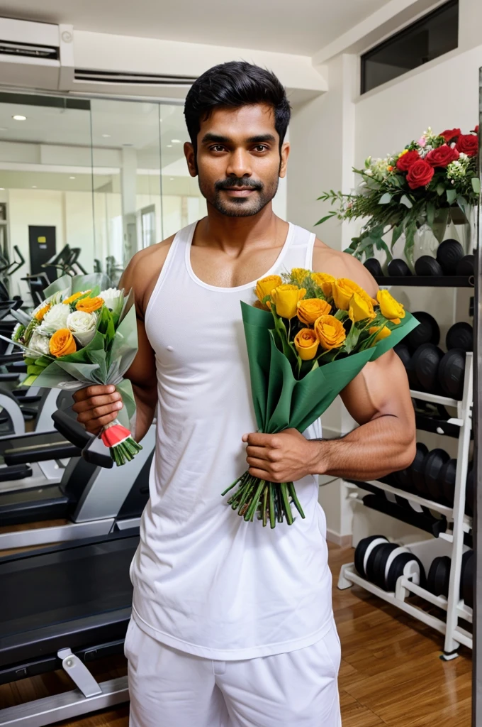 Indian gym guy with a bouquet of flowers in his hands