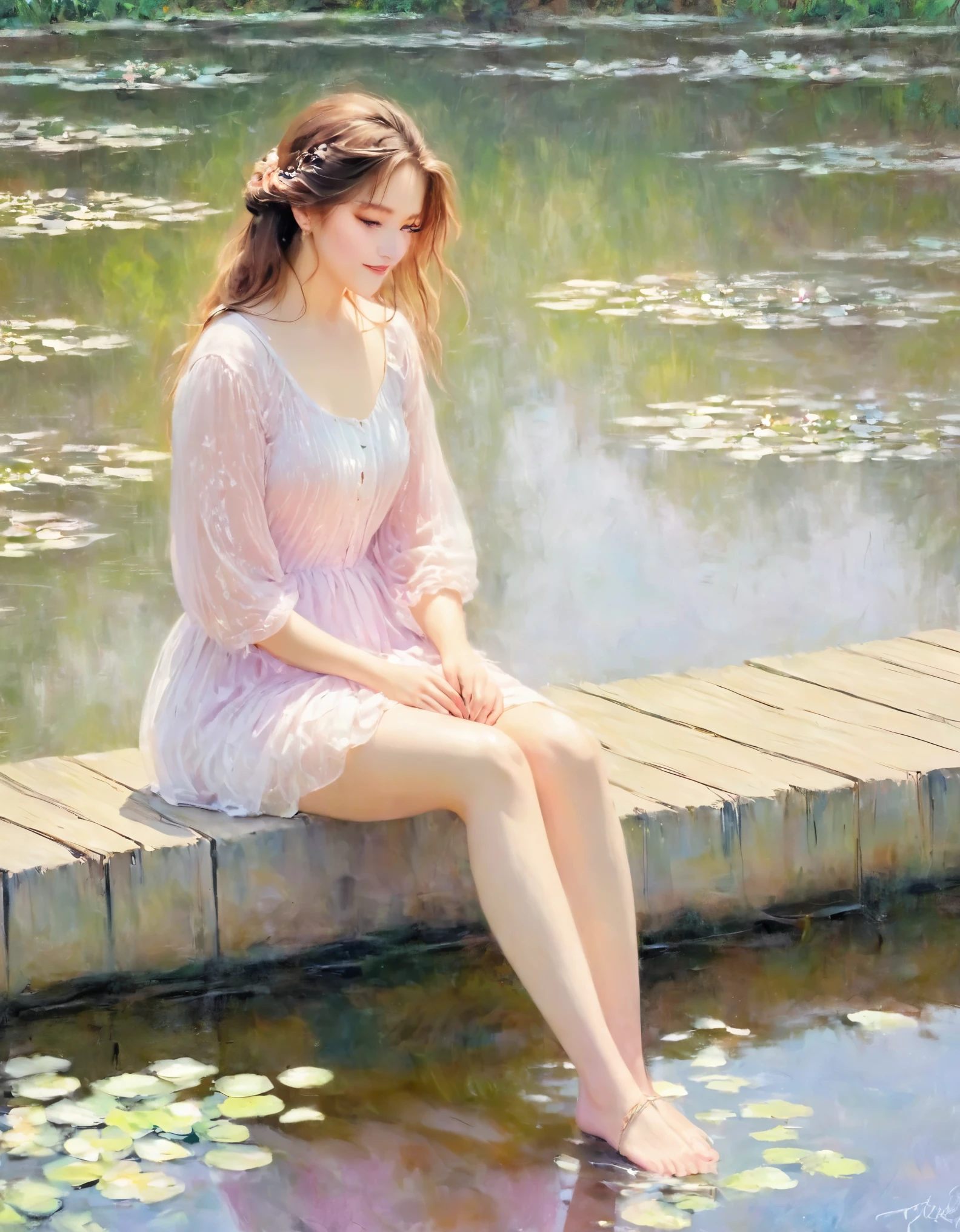 (masterpiece, Highest quality:1.2), Close-up shot, 1 Female, Sitting on the pier, (Dip your feet in the pond:1.1), barefoot, ankle, anklet, pastel colour, Post-Impressionism, oil, (Monet Style),