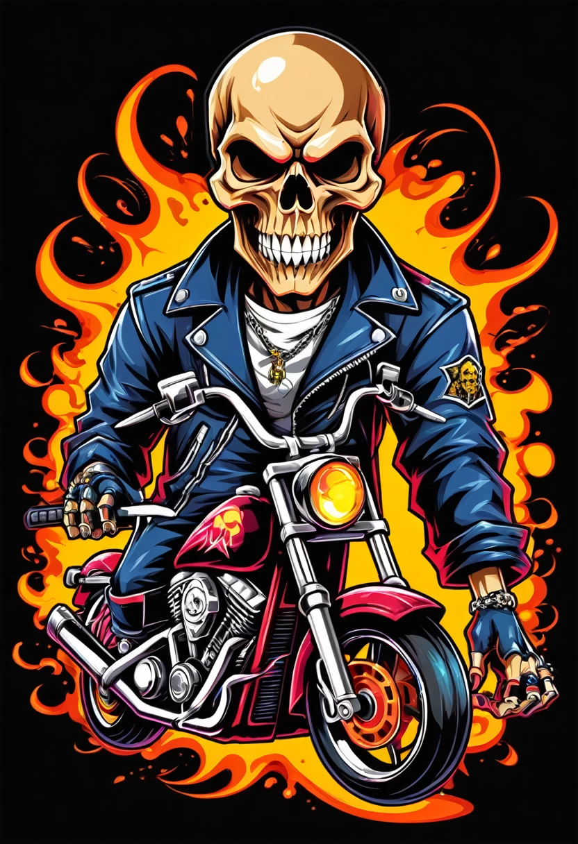 A skull head biker logo, Hip-Hop Style, Hip-Hop Style, t shirt design, flat-colors, vectorial art, ((black backdrop)) . dynamic, Vibrant, full of action, detailed character design, reminiscent of fighting video games