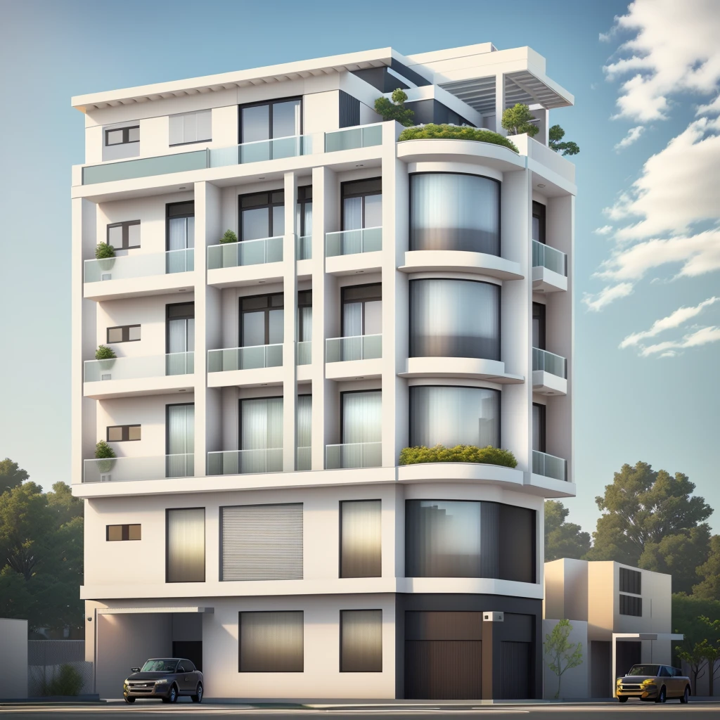 rendering of a modern apartment building with a truck parked in front, building facing, full building, wide angle exterior 2022, mid-view, realistic building, high render, white building, architectural 3 d render, precise architectural rendering, single building, multistory building, front-view, frontview, freddy mamani silvestre facade, architecture render