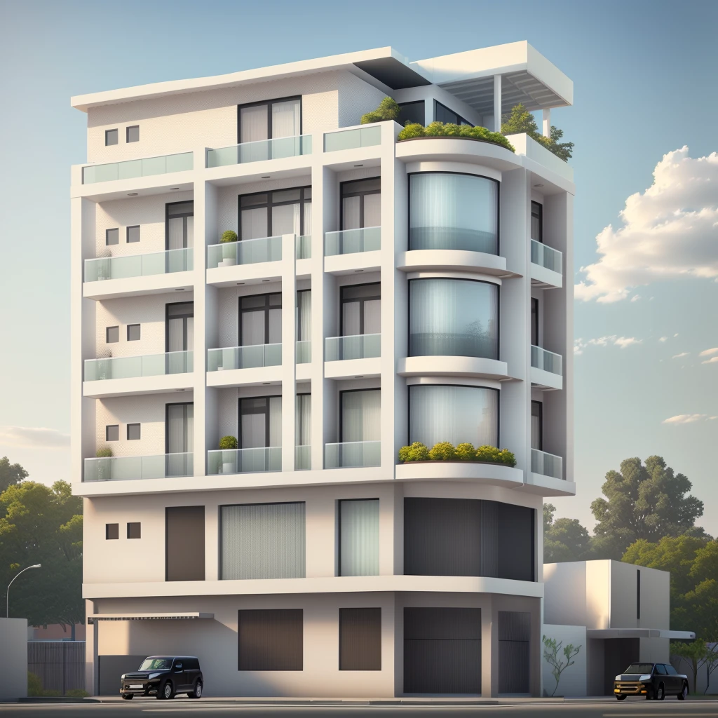 rendering of a modern apartment building with a truck parked in front, building facing, full building, wide angle exterior 2022, mid-view, realistic building, high render, white building, architectural 3 d render, precise architectural rendering, single building, multistory building, front-view, frontview, freddy mamani silvestre facade, architecture render