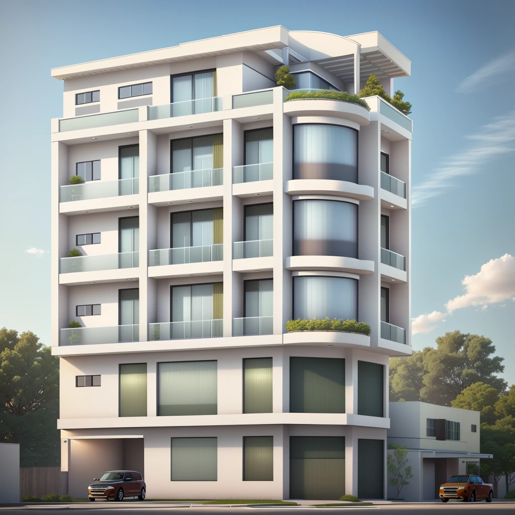 rendering of a modern apartment building with a truck parked in front, building facing, full building, wide angle exterior 2022, mid-view, realistic building, high render, white building, architectural 3 d render, precise architectural rendering, single building, multistory building, front-view, frontview, freddy mamani silvestre facade, architecture render