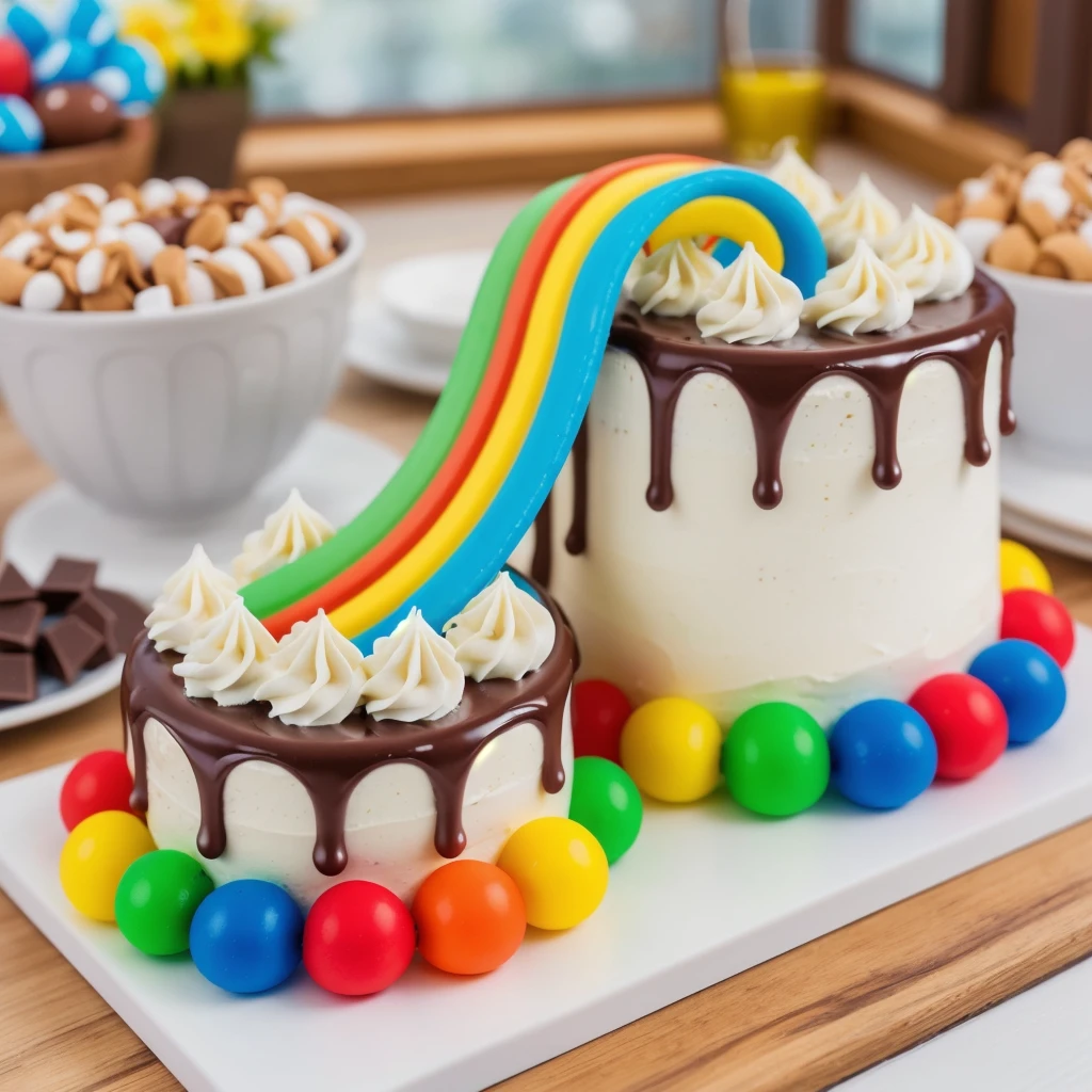 on a wooden table, on a porcelain plate, two cakes made of white cream, sugar candies on the bottom, chocolate ganache on the cake, white swirls on the chocolate ganache, window light, bright lights, soft light, window light, professional lighting, light from the window, neat light, realistic texture, realistic style, detailed texture, high quality, high resolution, high quality rendering, realistic photo, brightning light, macro photo