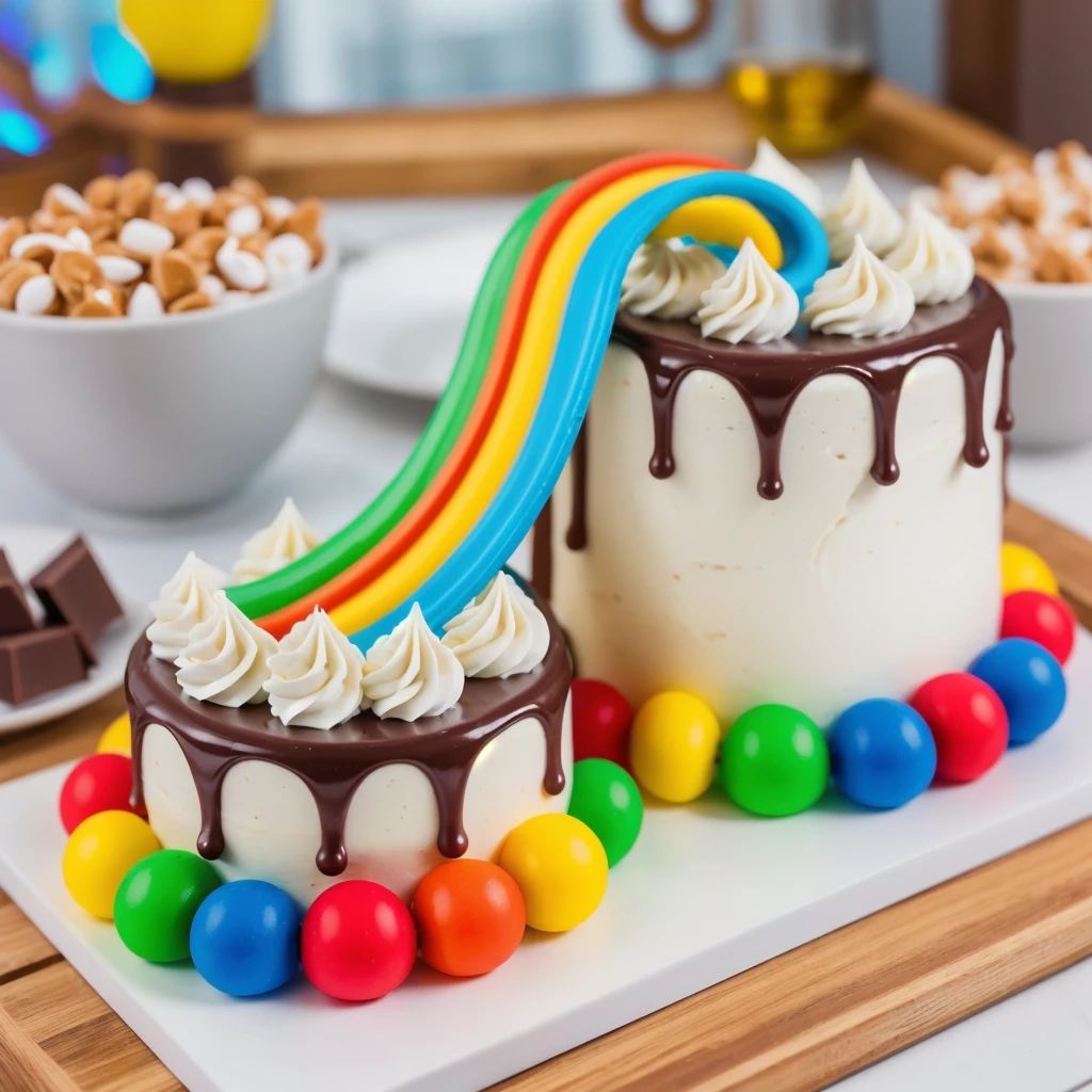 on a wooden table, on a porcelain plate, two cakes made of white cream, sugar candies on the bottom, chocolate ganache on the cake, white swirls on the chocolate ganache, window light, bright lights, soft light, window light, professional lighting, light from the window, neat light, realistic texture, realistic style, detailed texture, high quality, high resolution, high quality rendering, realistic photo, brightning light, macro photo