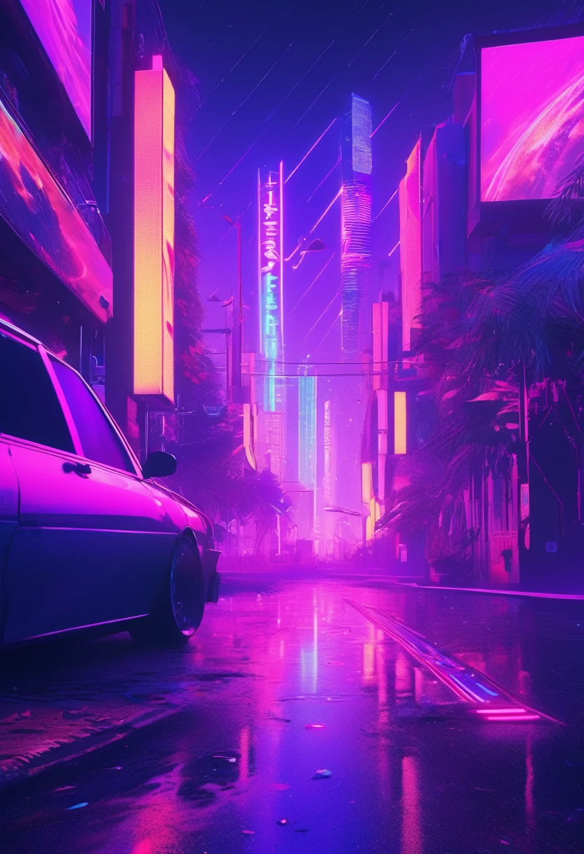 retrowave. citys, car, Roadside, purple neon lights, floor, moutain, (work of art,detailded,alta refloorução),(best qualityer,4K,8K,alta refloorução,work of art:1.2),ultra-detailded,(realisitic,photorealisitic,photo-realisitic:1.37),vaporwave aesthetic,purple-pink color palette,glitch effects,neon lights,misty atmosphere,surreal scenery,retro vibe,nostalgic feeling,Inspired by the 80s,horizonte da citys,soft aesthetic,calm and dreamy,lo-fi vibes,Retro Arcade Machines,elegant architecture,pôr do floor dourado,reflective surfaces,shining stars,lush vegetation,Roman statues,swirly vibrant colors,slow motion cinematography,old TV screens,Starry sky,luzes vibrantes da citys,vela romântica ao pôr do floor,serene ocean waves,soft pastel tones,modern cyberpunk elements,subtle holographic details,old school technology,80s fashion,fitas cassete,animated glitch art,ethereal music background, urban exploration,cosmic energy,levitating objects,background vaporwave music,VR compatible experience, There&#39;s a store with neon lights and neon lights, Cyberpunk scenario, Estilo Cyberpunk hiperrealisitic, cyberpunk atmosphere, cyberpunk atmosphere, concept art style, Future cyberpunk scenario, Bee style, Cyberpunk 2 0 7 7 style, sci-fi ambiance, cyberpunk market, science fiction aesthetic, sci-fi ambiance, cyberpunk garage in Jupiter, cyberpunk interior, (a busy arcade,High-quality artwork detailing each game and the players&#39; faces),ultra-detailed lighting brings neon glow to life in the dark,bright colors contrasting with the dark,viewed from a ceiling angle adding a sense of dynamism,The background depicts a cityscape at night,adding a modern touch.
