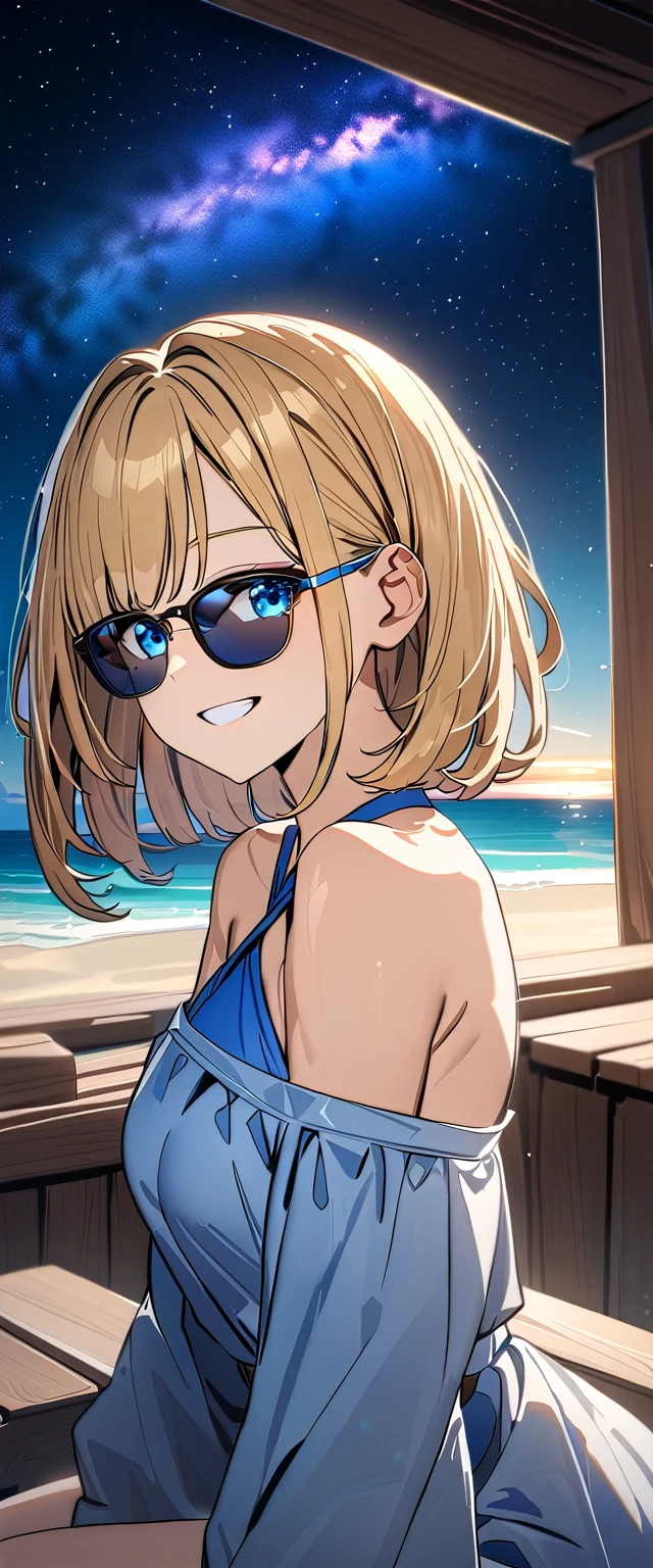 ((grin)), ((off-shoulder sweater:1.3, Quite thick shoulder straps)), ((black sweater)), ((blond hair, bob cut:1.3)), ((sunglasses, hand to sunglasses)), (((from side))), ((((upper body)))), ((Leaning to side)), (((A meteor shower dancing in the night sky, countless stars twinkling in the clear air))), ((sitting on the very high cliff)), wavy hair, inward curled hair, ((sea)), breasts, teenager, (looking at viewer), oversized clothes, puffy long sleeves, collarbone, head tilt:1.3, (((blue eyes))), happy smile, (((anime style))), (best quality, 4K, 8K, highres, masterpiece:1.2, ultra-detailed, ultra-detailed eyes, HDR, uhd, studio lighting, ultra-fine painting, sharp focus, physically-based rendering, extreme detail description, professional, vivid colors, bokeh)