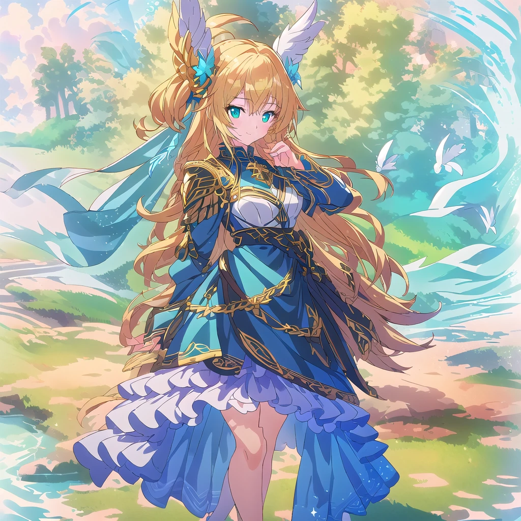 Highest quality, high resolution, High quality anime art style, Valkyrie, cowboy shot,Official Art, Smooth anime CG art,Cute 3D anime girl render, Visual Novel Sprites, White background,Smooth anime CG art, A woman in a white dress and blue armor holding a spear, An intricately designed helmet with white feathers,Small shield, Intricate blue and gold armor,Golden Hair, long hair, Rin々Shii,Large Bust,,
