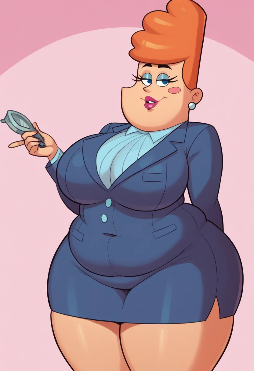 waxelplax, 1girl, jewelry, earrings, mature female, blue eyes, blush stickers, large breasts, orange hair, lipstick, thick thighs, fat, thighs, suit, ( zPDXL BREAK , score_9, score_8_up, score_7_up:1)