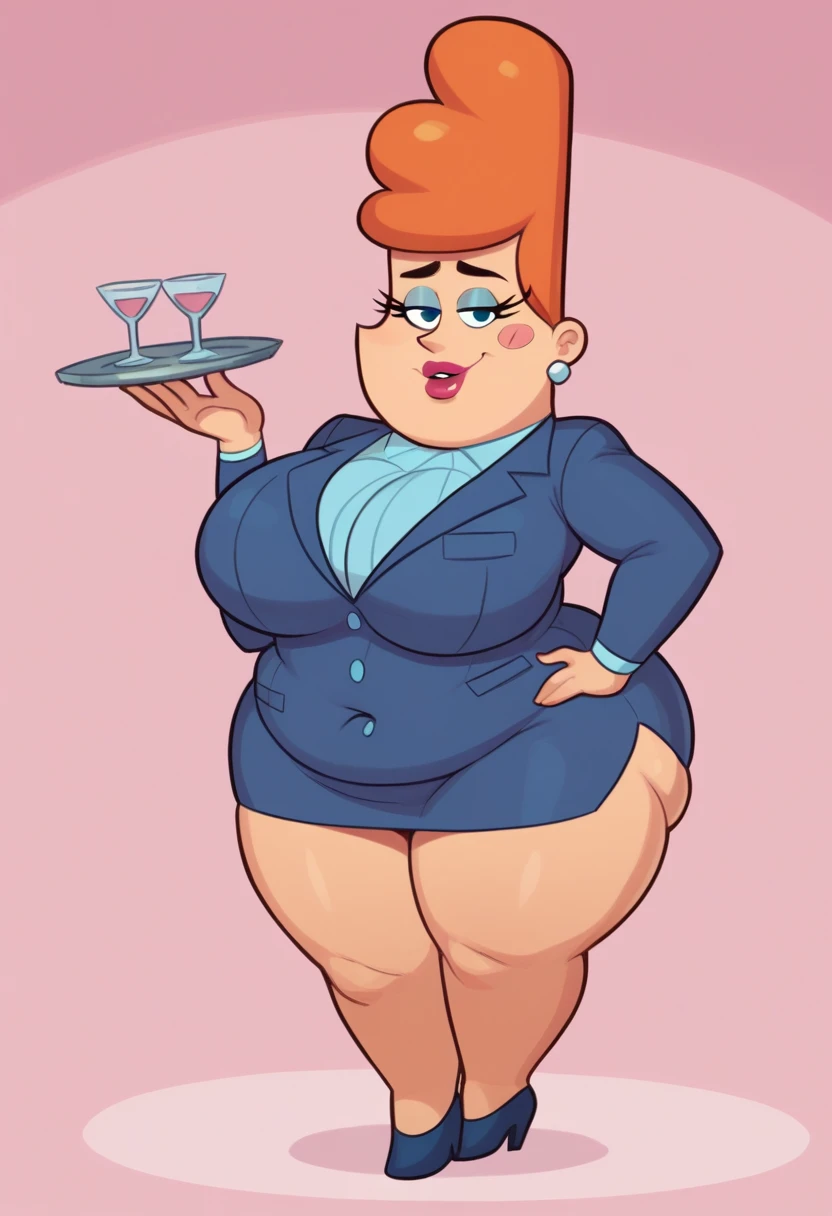waxelplax, 1girl, jewelry, earrings, mature female, blue eyes, blush stickers, large breasts, orange hair, lipstick, thick thighs, fat, thighs, suit, ( zPDXL BREAK , score_9, score_8_up, score_7_up:1)