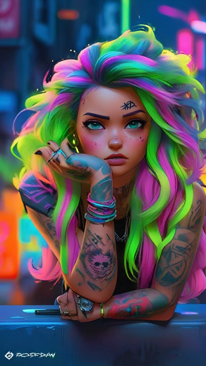 Neon rebel:
Girl with neon hair and tattoos, like from a cyberpunk future.
Vibrant digital art by Rossdraws, Pastel shades, Neon glare.
Rebellious spirit, Unlimited imagination, Freedom of Expression.
A mesmerizing image, hymn to creativity, dreamy cyberpunk fantasy