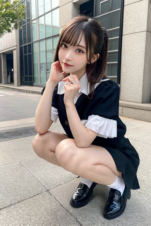elegant, masterpiece, intricate, realistic, best quality, absurdres, detailed high face detail, perfect eyes, illustration, detailed, kawaii bad girl, feet out of frame, mini skirt, serafuku, kneehighs, loafers, squatting, wind blowing hair, smooth hair, beautiful hair, detailed hair, messy hair, short hair,