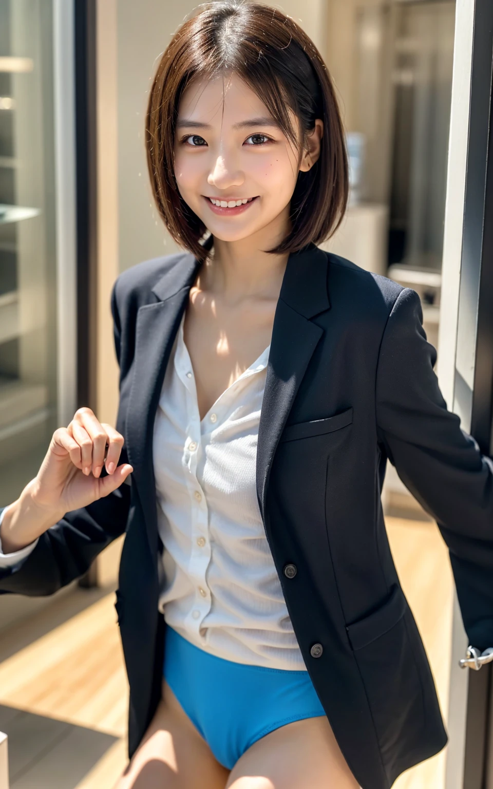 Raise your hand,In-house、Wearing a business jacket,Wear a shirt,look at the camera with a smile、（Panties:1.5）、woman, 20-year-old, Short Hair,私のPantiesを露出させてください...、(レースのPantiesー)、(Tilt your head a little)、Detailed skin、Detailed skin、Detailed Sweat