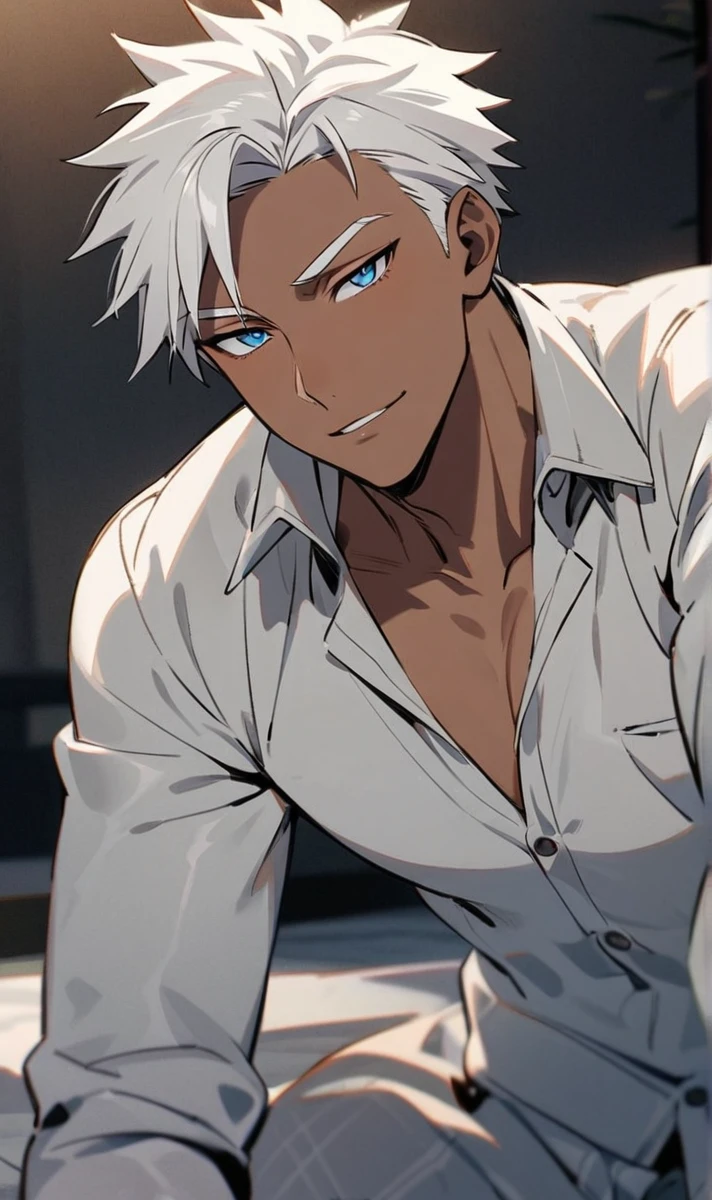 Character masculine From The king of figthers, k Dash Lying on a futon with a soft smile on your lips in a night mood , white hair, grayish blue eyes, dark skin, corpo musculoso tonificado