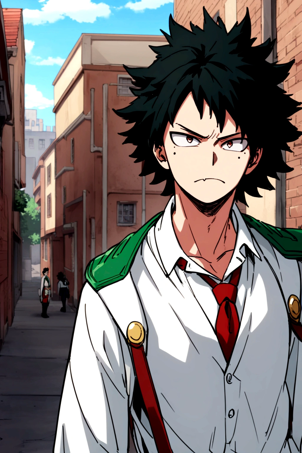 Screenshot My hero Academia.    A boy with hair above his shoulder, black hair with some dark blue strands, with a serious expression, medium reddish brown eyes, mole under left eye, somewhat protruding fangs, He is wearing a white shirt with green details on the shoulders and a red tie, It has an area with students in the background