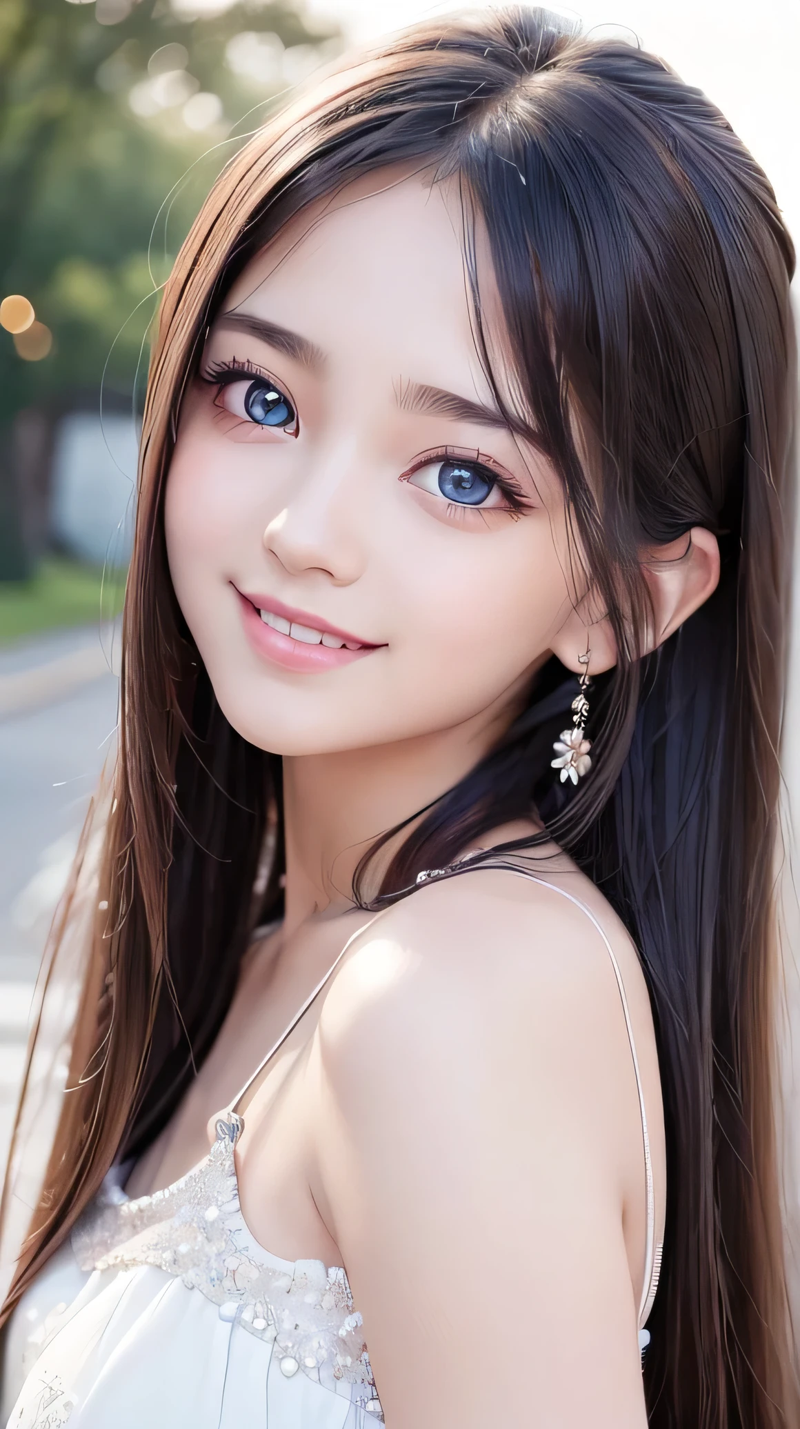 (Very beautiful  cute girl), (very  cute face:1.2),, (sparking crystal clear attractive large eyes), best looks, Beautiful detailed eyes, Detailed double eyelids, (smiling), (realistic photograph:1.2), long straight hair