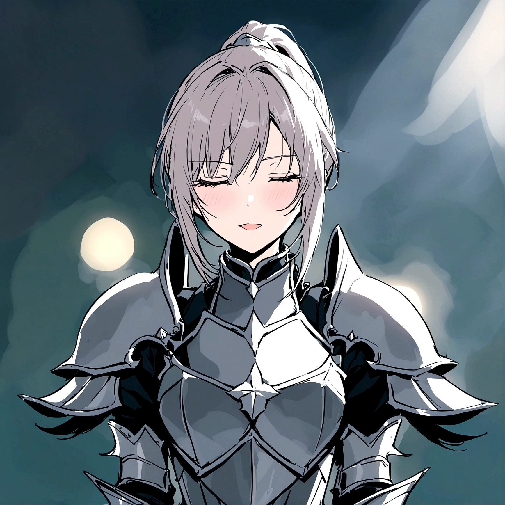Beautiful girl knight in armor, Gray Hair, fantastic, Face your body forward like a certificate photo, shoot from front, Ponytail, Armor Girl, beautiful female knight, Female Paladin, upper body shot, drawing both arms, closed eyes