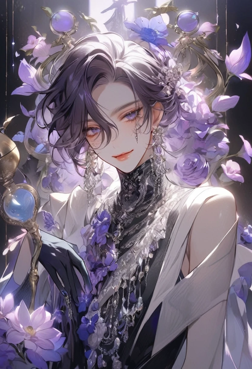 Feminine boy, soft womanish facial features, smile, squinted siren dark blue eyes without glare, silver and dark purple long loose hair with straight bang, fantasy black clothes with blue and purple elements, long black gloves, model, gorgeous, elegant, lots of silver jewelry, flowers in his hair, skinny body, hourglass figure, light lipstick
