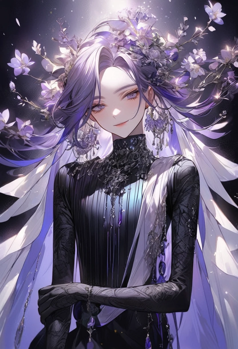 Feminine boy, soft womanish facial features, smile, squinted siren dark blue eyes without glare, silver and dark purple long loose hair with straight bang, fantasy black clothes with blue and purple elements, long black gloves, model, gorgeous, elegant, lots of silver jewelry, flowers in his hair, skinny body, hourglass figure, light lipstick