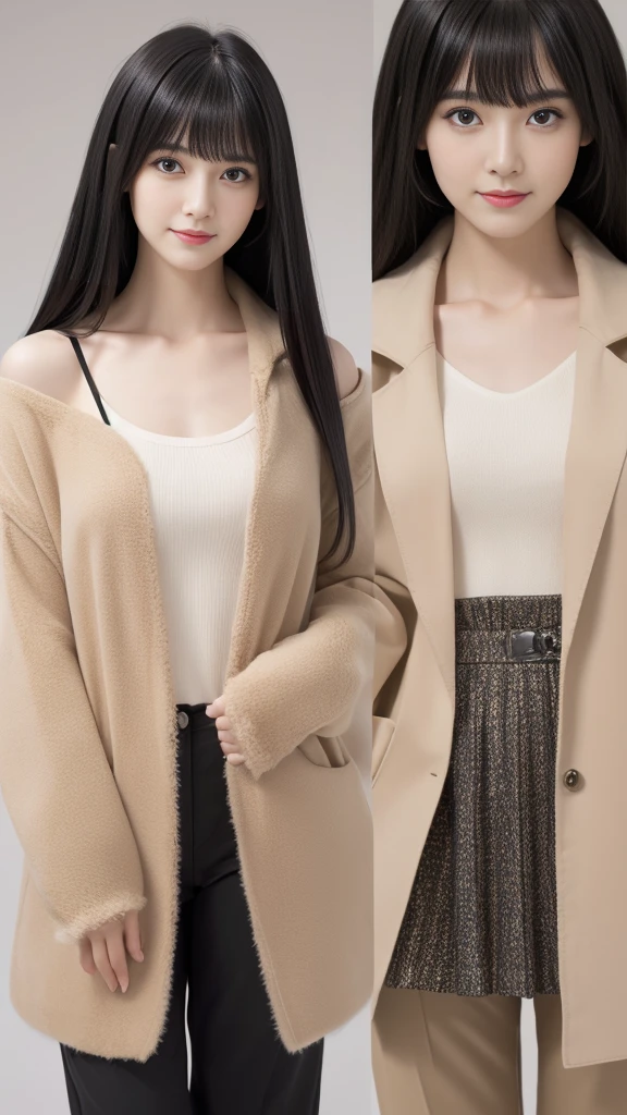 (((masterpiece, highest quality, Super detailed))), 1 female, (((very thin body))) , (((length, thin legs))), (((black straight hair, thick and fluffy bangs ))), (((highly detailed face))),smile, cosmetics free, small and thin nose, small thin mouth, (((Very sharp focused eyes))), Japanese, beautiful face, (lifelike face), beautiful hairstyle, realistic eyes, fine and beautiful eyes, (real looking skin), beautiful skin, charm, ultra high resolution, surreal, high detail, golden ratio, (detail makeup:1.2),Asymmetrical spring jacket:While maintaining the traditional jacket shape、Irregular cuts on shoulder line and sleeve length、Creates a unique balance。Layered Bottoms:The pants and skirts are made of overlapping panels of different materials and colors.、Vary movement and texture。Customized Accessories:Dismantling traditional accessories、Reconstruction、By changing the material、Give it a unique artistic quality。Based on this prompt、Create a Margiela-inspired outfit with a reimagined traditional theme。