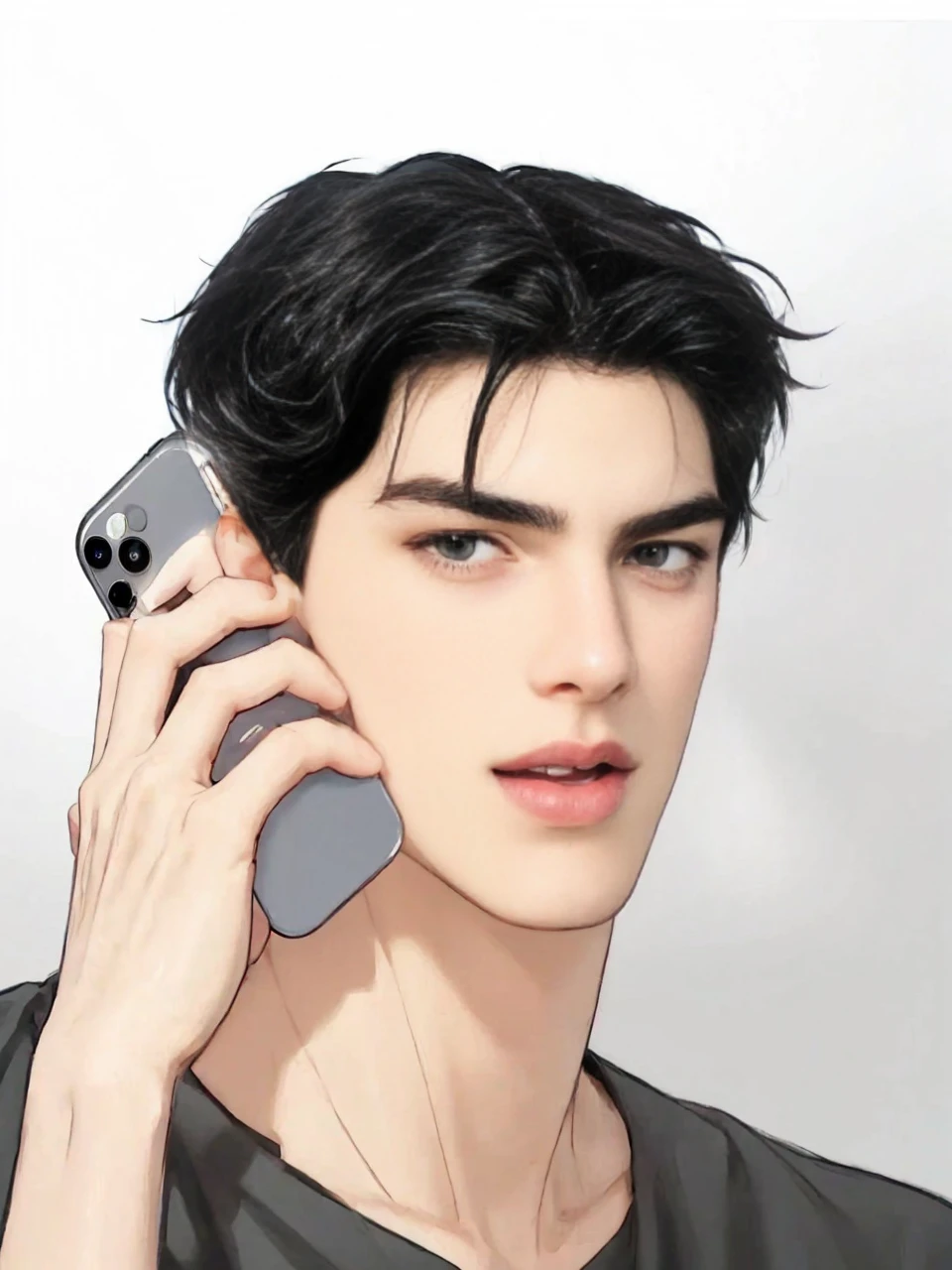 masterpiece, 1boy, adult, handsome, black hair, undercut hair, perfect face, detailed eyes and face, black eyes, clean shaved, muscular, capturing a rural atmosphere, dynamic lighting, unreal engine 5, hd picture, hold the cellphone