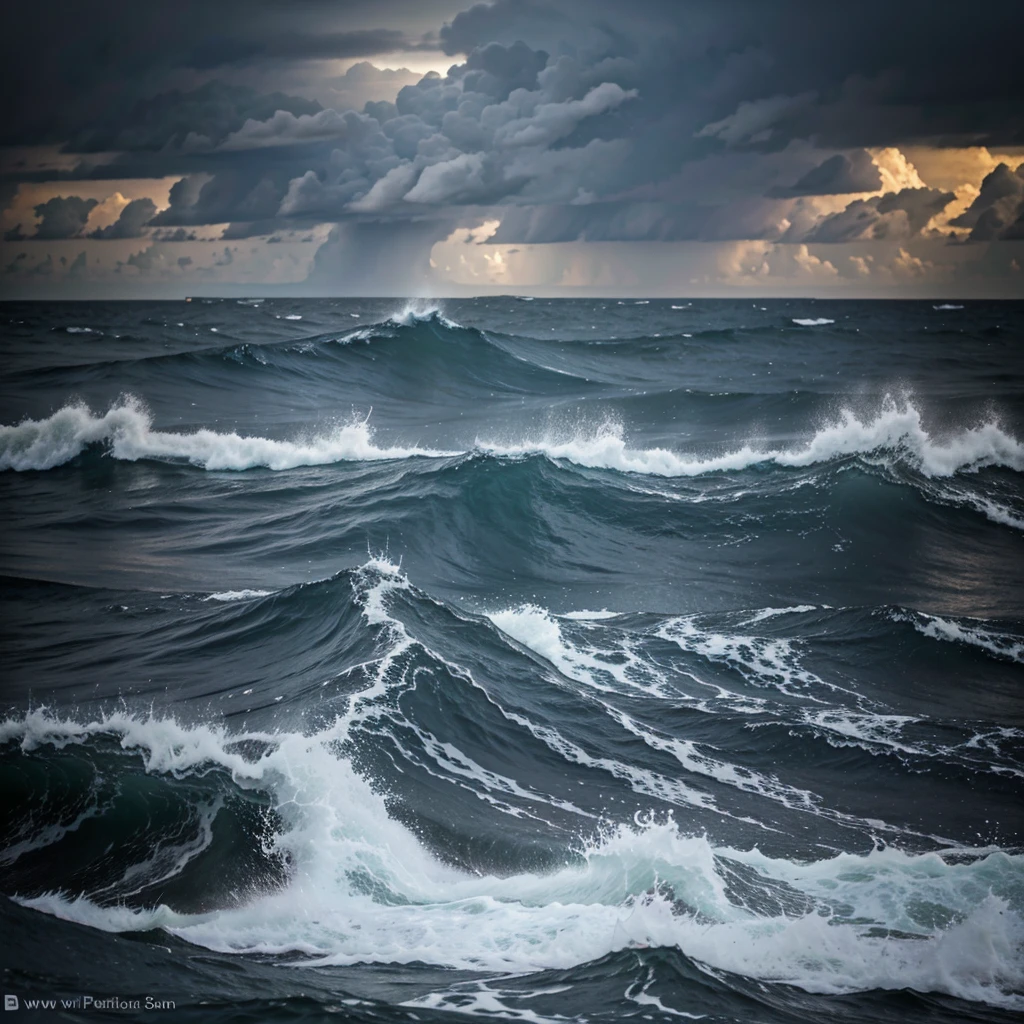 Draw the dark waves of a stormy sea, it's raining with a thunderstorm, but a small boat is floating and in it is a man in armor