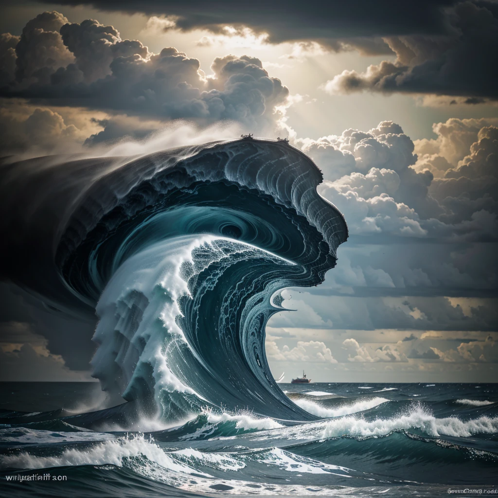 Draw the dark waves of a stormy sea, it's raining with a thunderstorm, but a small boat is floating and in it is a man in armor