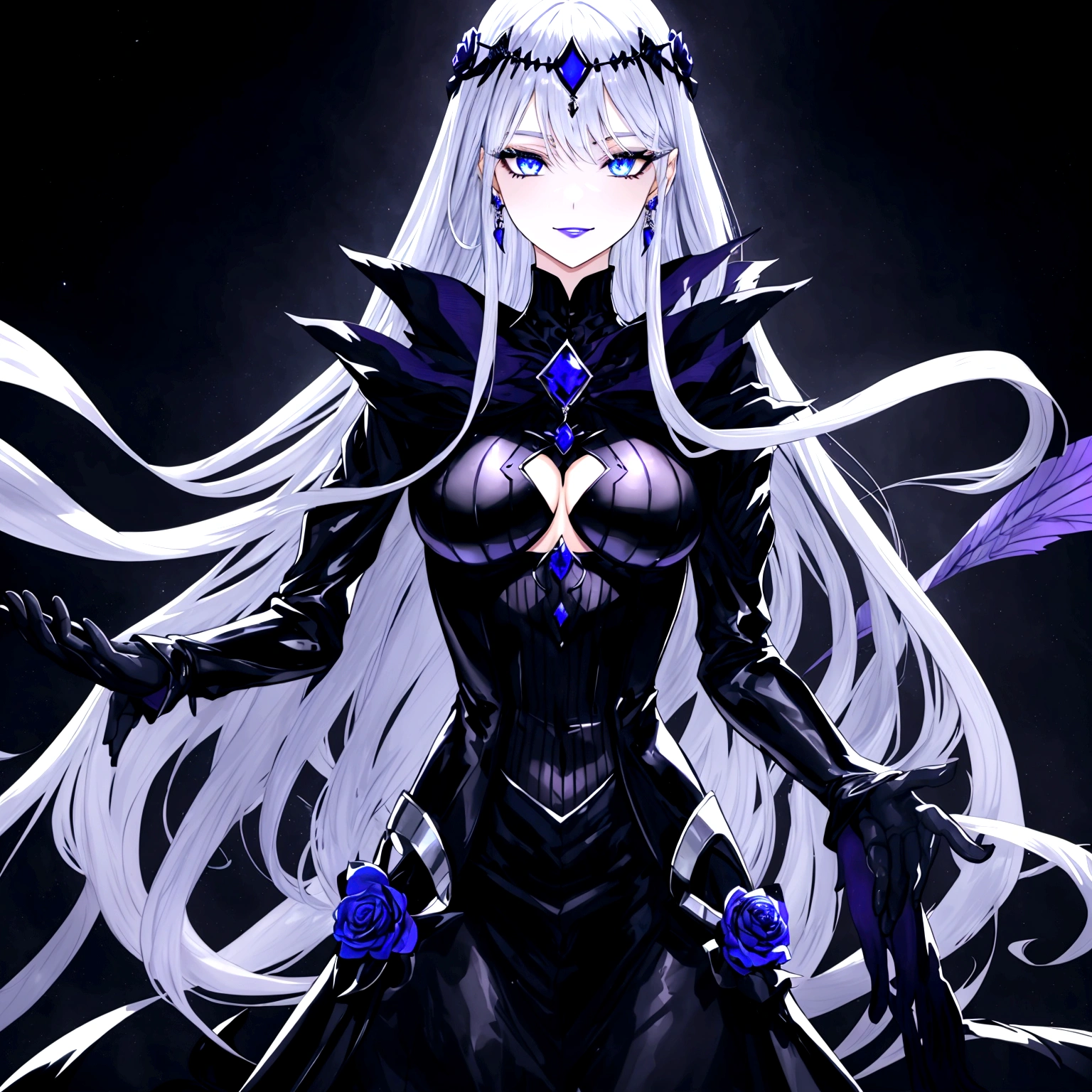Guy, beautiful facial features, smile, squinted siren dark blue eyes without glare, silver and dark purple long loose hair with straight bang, fantasy black clothes with blue and purple elements, long black gloves, model, gorgeous, elegant, lots of silver jewelry, flowers in his hair, skinny body, hourglass figure, light lipstick