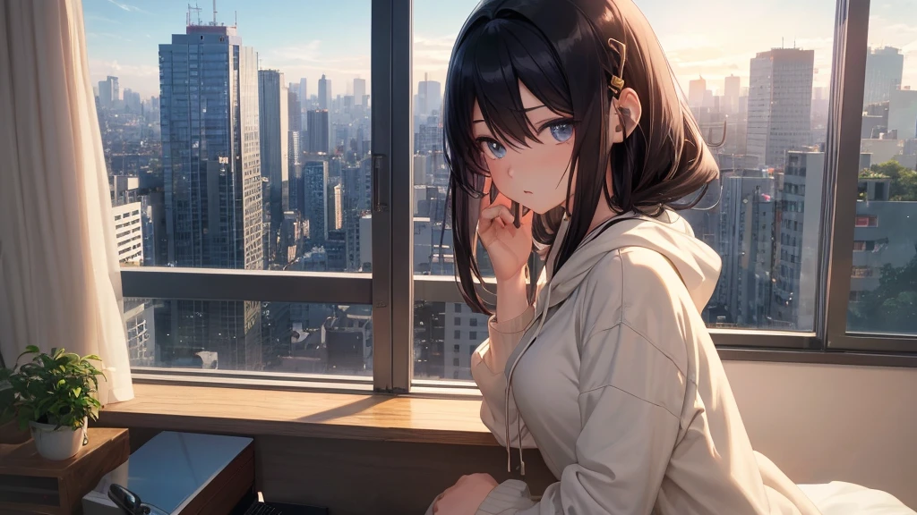 Absurd, Ultra-high resolution, (Official Art, beautifully、mysterious:1.2), Correct human body composition, Impressive eyes, Long, shiny black hair, Larger than average bust, Girl listening to music with headphones, Looking out the window, Lo-fi Girl, and oversized hoodie, Makoto Shinkai and Artgelm, Anime atmosphere, Lofi art style, Anime style 8k, Anime Aesthetics, Lo-fi feeling, Anime Art Wallpapers 8K, An atmosphere of praise, city room, age Girl's Room, A room for music lovers, City view from the window, Emotional cityscape, Bright Sky