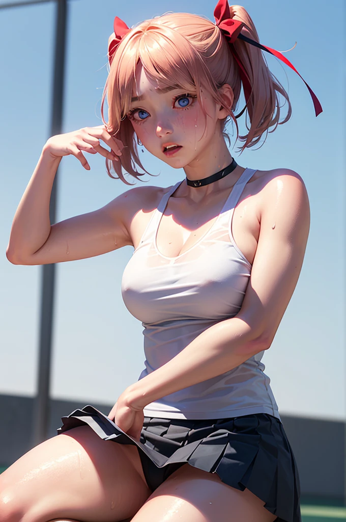 blue eyes, hair ornaments, Hair Ribbon,Show your forehead、Twin tails、 Random color tennis wear, clavicle, Thighs, blush,, Lace choker, short hair,,No bra,,Highly detailed skin, Highly detailed face, (beautiful Fine grain, the girl, Red cheeks), (A girl is standing), The girl is a cute 18-year-old tennis player., (Not wearing a bra, Knee socks、 The girl has a toned figure., Pink tennis wear, Sun visor,, Tennis court, ((I took the photo from the front、The girl contains the whole body)), flowing、Fine grain, Perfect functionality, ( Highest quality, good quality:1.4), Intricate details,Closely、Embarrassed expression、blush、Shining Sweat、Perfect Skin,Sweat is noticeable in the cleavage、、Thighsの汗が目立つ、 Fair skin,Tight waist, Sweating profusely、Sweaty hair、Sweaty clothes、Sweaty、Visible sweat、Sweat-soaked hair、Athlete System、cherry blossoms、Blonde、Silver Hair、Serve Form、Volley Form、Receive form、