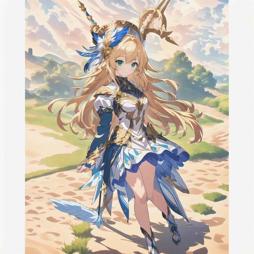 Highest quality, high resolution, High quality anime art style, Valkyrie, cowboy shot,Official Art, Smooth anime CG art,Cute 3D anime girl render, Visual Novel Sprites, White background,Smooth anime CG art, A woman in a white dress and blue armor holding a spear, An intricately designed helmet with white feathers,Small shield, Intricate blue and gold armor,Golden Hair, long hair, Rin々Shii,Large Bust,17 years old,