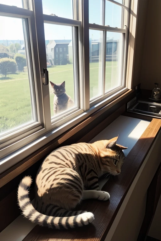 The cat lies on the windowsill and basks in the sun.