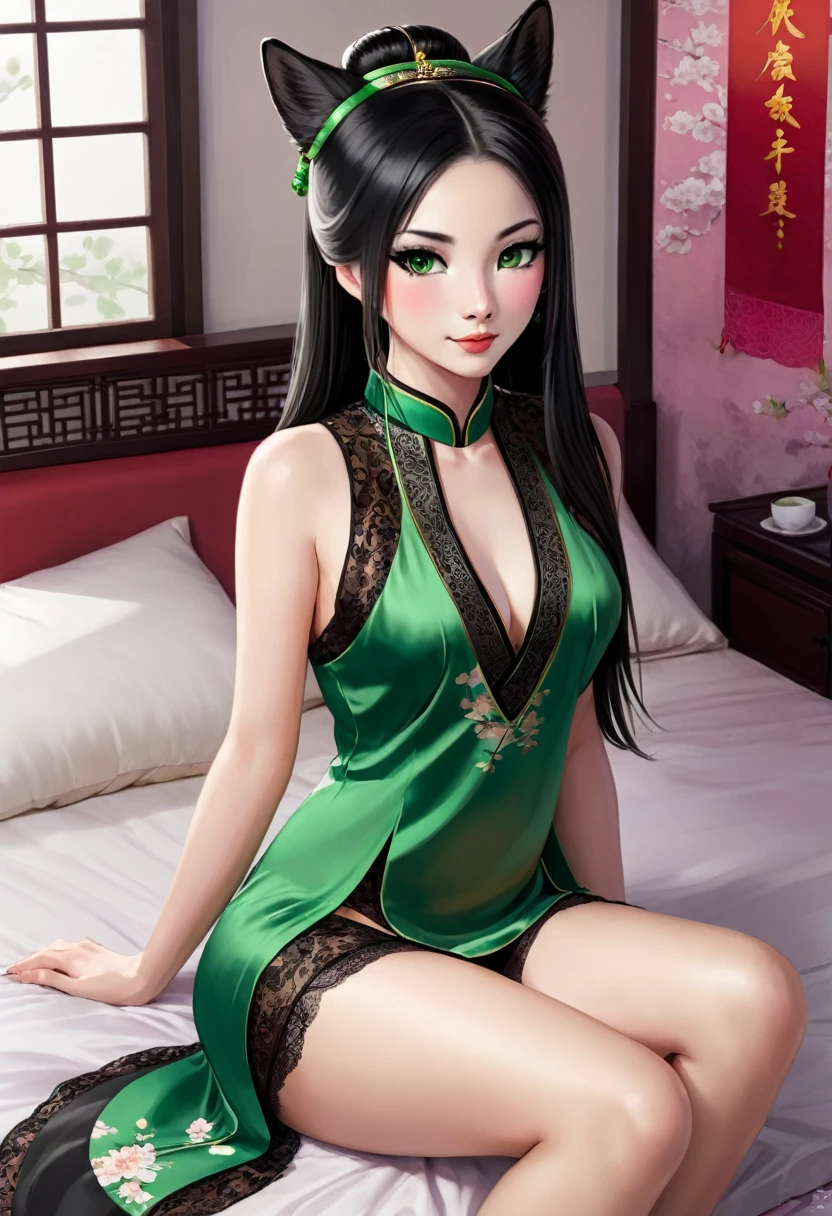 Anthropomorphic fox, man, thin, slim, green eyes, long smooth hair, black hair styled in a Chinese bun, dressed in Chinese dress, china dress, half stripped, sitting on the bed, seductive pose, spread my legs, lace panties, silk panties, bulge on panties, takes off the dress