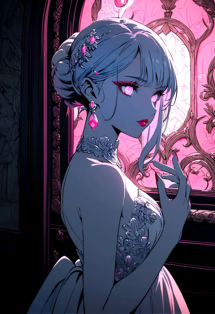 High resolution RAW color art, animation, Silver Marble Skin, (((Highly detailed elegant))), Magical atmosphere, Detailed skin, texture,(Exquisitely crafted, The finer details, Ultra-detailed art), Depth of written boundary, Silky Touch, Hyper Detail, Matte Drawing, Beautiful Eyes, Pink Eyes,Red eyeshadow,dior pink lips,Elegant face, Neon Light, Looking to the side,Delicate dresses,Expensive dresses,Long earrings,