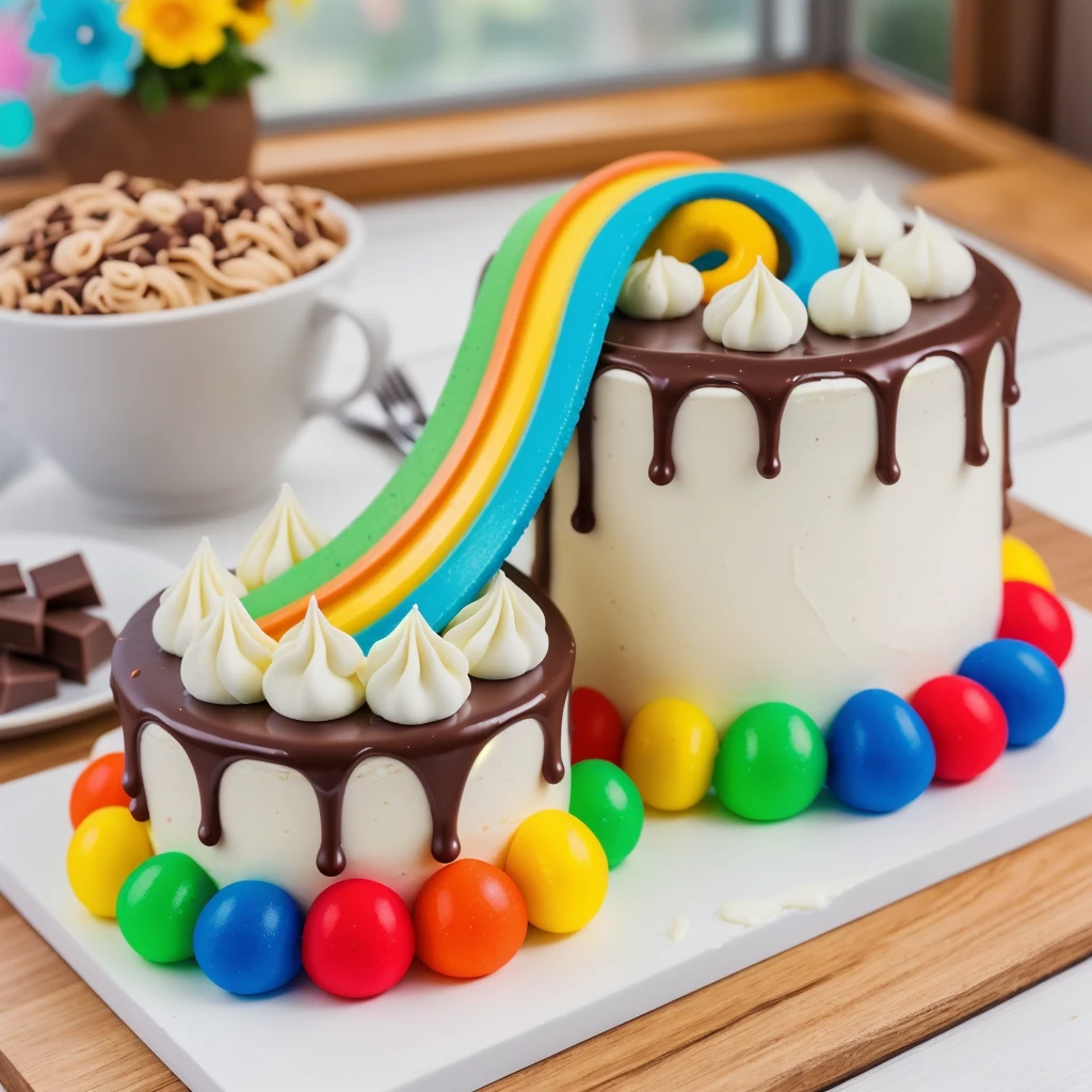 on a wooden table, on a porcelain plate, two cakes made of white cream, sugar candies on the bottom, chocolate ganache on the cake, white swirls on the chocolate ganache, window light, bright lights, soft light, window light, professional lighting, light from the window, neat light, realistic texture, realistic style, detailed texture, high quality, high resolution, high quality rendering, realistic photo, brightning light, macro photo