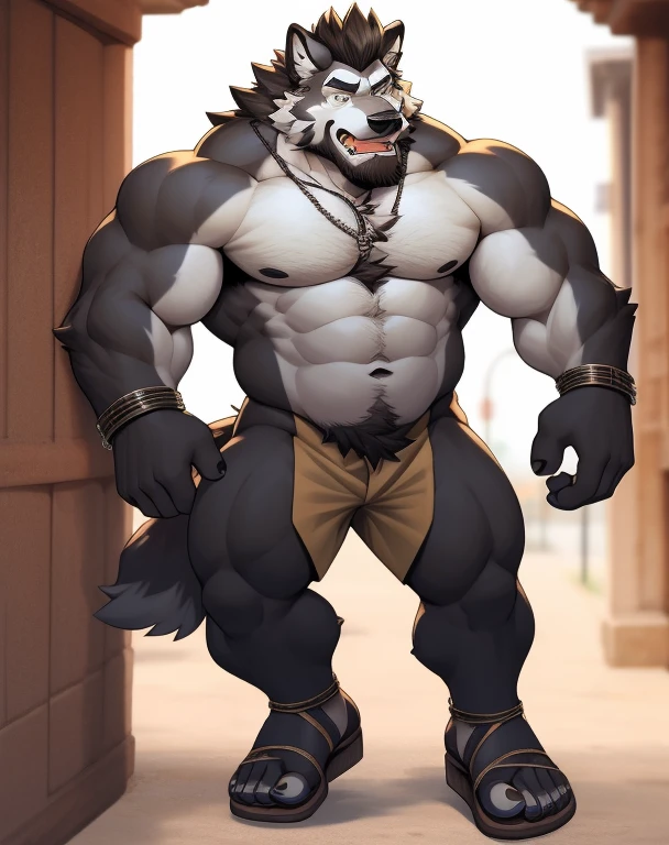 1 chico, ABS, only, bare pecs, bare shoulders, black fur, body hair, Brown hair, Chest hair, clothing trimming, cuffs, dark skinned man, facial hair, handcuffs, jewelry, large pectorals, long sideburns, male focus, mature male, medium hair, muscular, muscular male, belly button, large lump in crotch, pectorals, short hair, sideburns, Alone, stomach, stubble, thick Thighs, thigh trim, Thighs, tight, look, ((lobo, whole body, sandals))