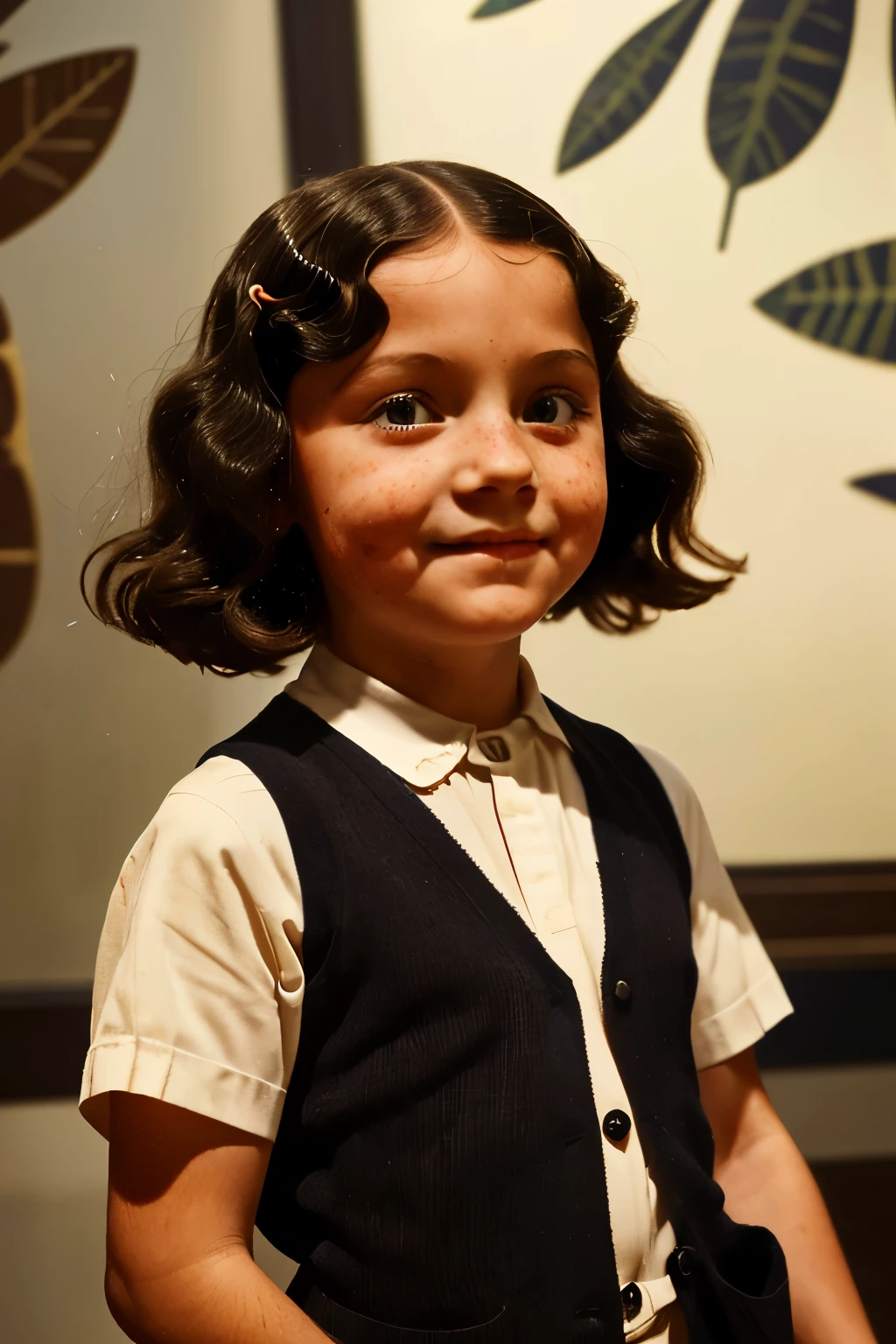 Paris, 1934. A little ((((6-year-old)) Marie-Laure LeBlanc)), blind girl, freckles, at the museum of natural history, ((((clothings from the 1930s)))), ((dark hairstyle of the 1930s))