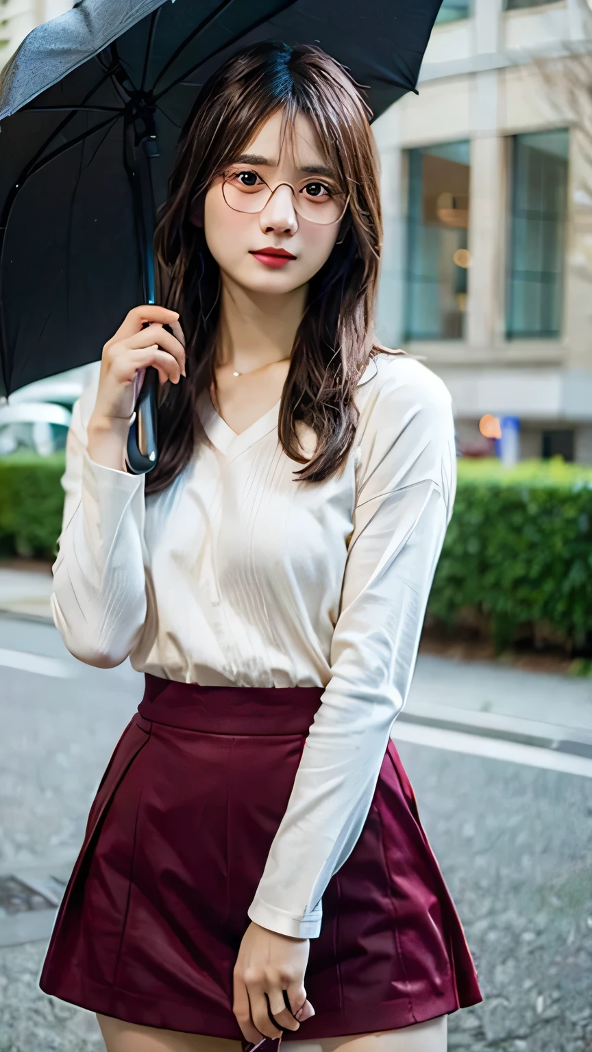 Highest quality, masterpiece, Ultra-high resolution, (Realistic:1.4), RAW Photos, One girl, Brown Bob Hair, Detailed eyes and face,, Dynamic Lighting, Modest, whole body, Japanese, Glasses, OL, suit, Tight Skirt, Beautiful breasts, in the rain, Use an umbrella