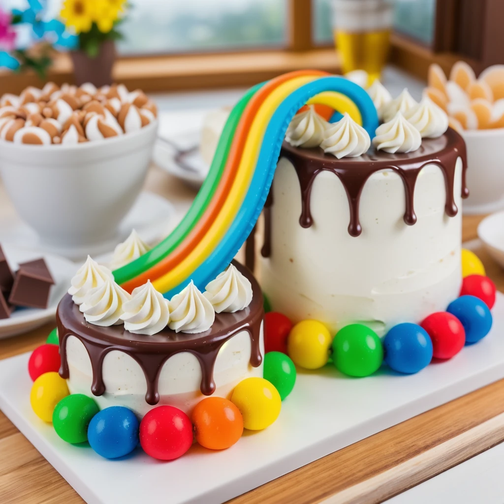 on a wooden table, on a porcelain plate, two cakes made of white cream, sugar candies on the bottom, chocolate ganache on the cake, white swirls on the chocolate ganache, window light, bright lights, soft light, window light, professional lighting, light from the window, neat light, realistic texture, realistic style, detailed texture, high quality, high resolution, high quality rendering, realistic photo, brightning light, macro photo