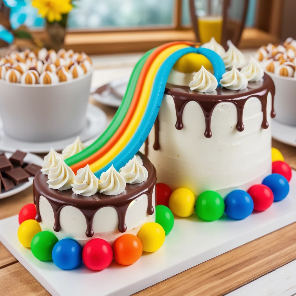 on a wooden table, on a porcelain plate, two cakes made of white cream, sugar candies on the bottom, chocolate ganache on the cake, white swirls on the chocolate ganache, window light, bright lights, soft light, window light, professional lighting, light from the window, neat light, realistic texture, realistic style, detailed texture, high quality, high resolution, high quality rendering, realistic photo, brightning light, macro photo